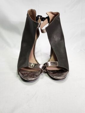 C Label Black Peep-Toe High Heel Sandals with Silver Metallic Straps